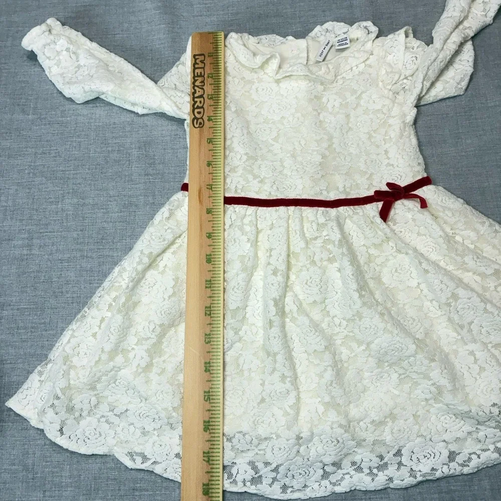 Janie and Jack Baby Girls Ivory Lace Long Sleeved Dress Red Bow 18-24 Months
